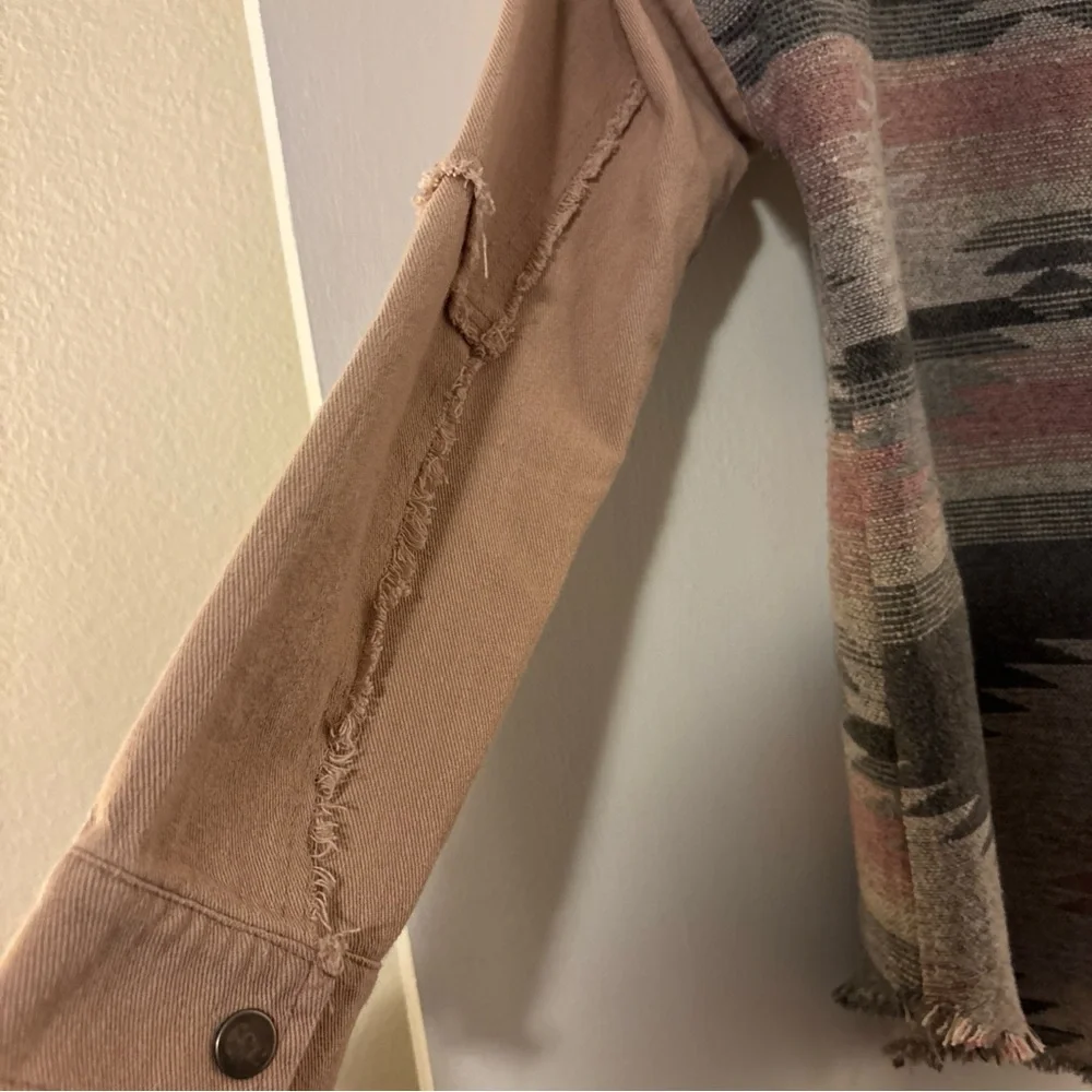 Mystree Womens S Western Wool Bl Blanket Denim Raw Edge Snap Pink Shacket Jacket